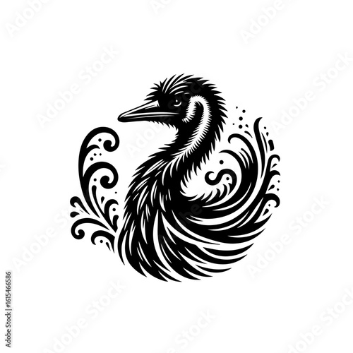 Ornate black and white emu illustration isolated on white background