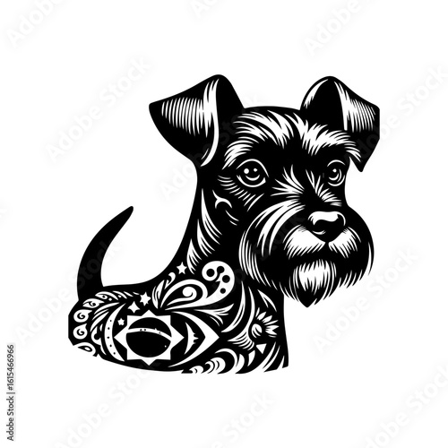 A stylized black and white illustration of a schnauzer dogs head