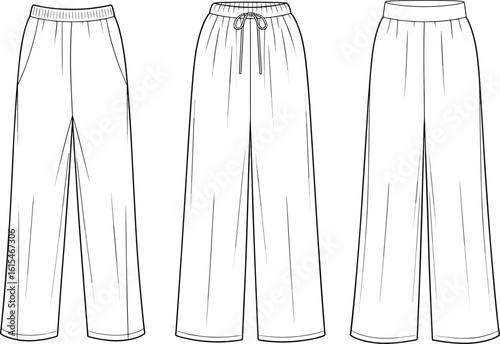 Women's wide leg pants technical flat sketch, drawstring and elastic waist lounge trousers, fashion CAD design for apparel vector