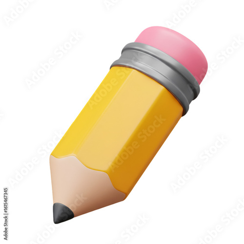 3D Illustration of a Yellow Pencil with a Pink Eraser on Transparent Background