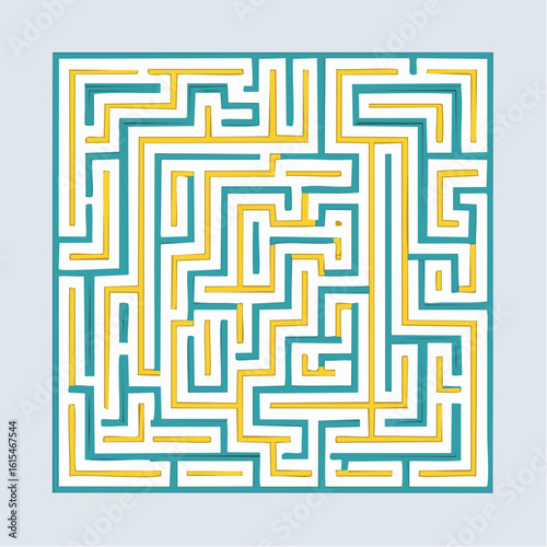 A square-shaped maze featuring a complex network of interconnected pathways in contrasting colors.