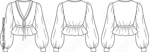 Women's fashion top technical flat sketch, boho blouse with puff sleeve and peplum hem, detailed V-neck tie front design