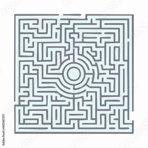 An overhead view of a square maze with a circular center point and a complex network of pathways.