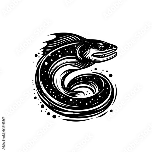 A stylized illustration of an eel swimming isolated on white