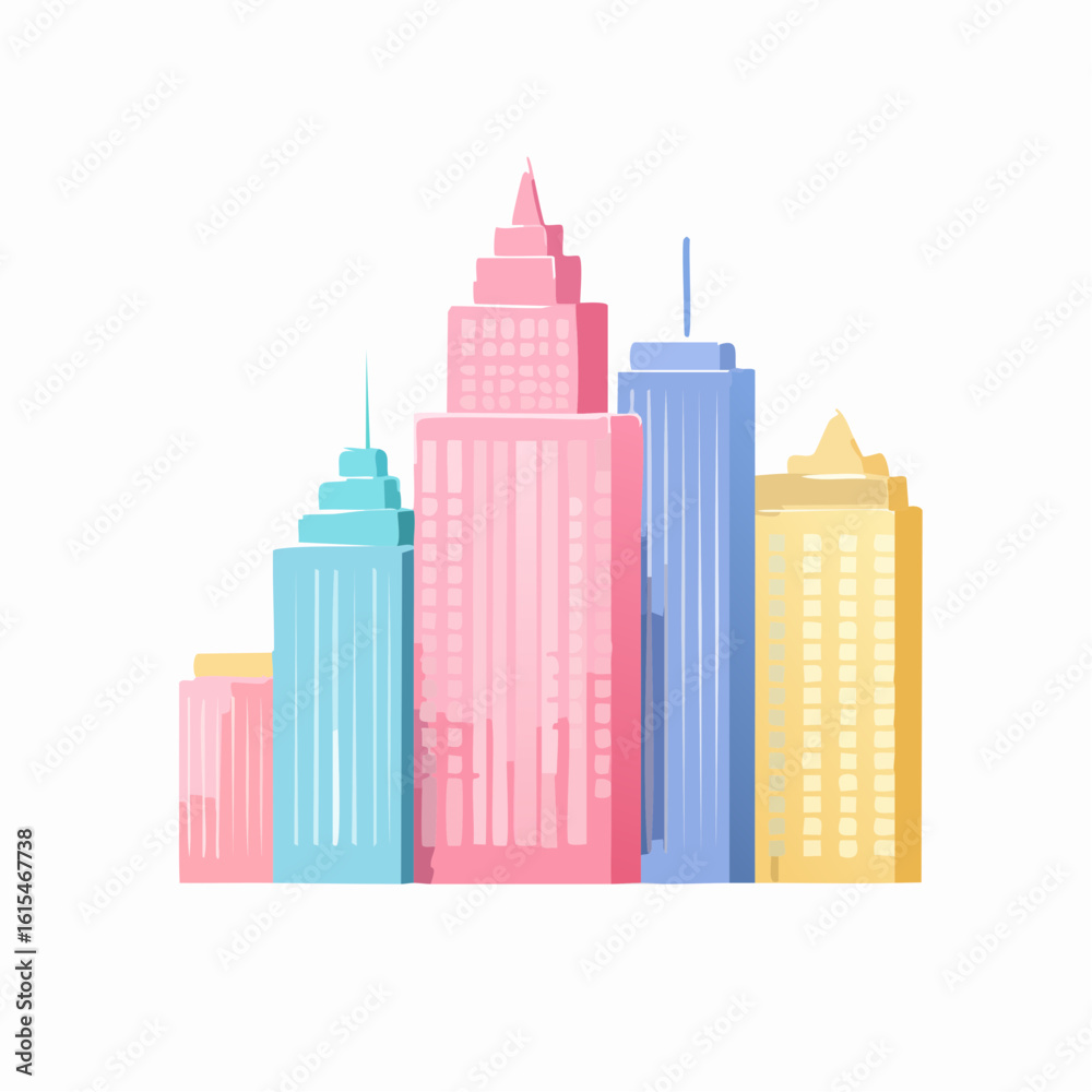A stylized illustration of a modern city skyline with colorful pastel skyscrapers on a white background. A stylized illustration of a modern city skyline with colorful pastel skyscrapers on a white background.