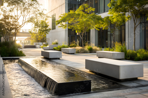 Modern Courtyard With Water Feature And Concrete Benches