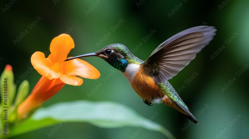 Fototapeta premium Vibrant Hummingbird Approaching Bright Orange Flower in Sunlit Garden Setting