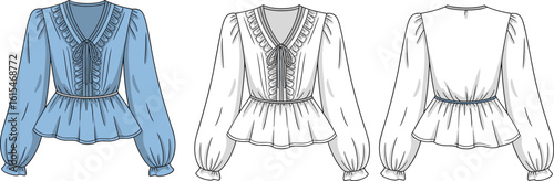 women's peplum blouse flat vector illustration, long puff sleeves, v-neck with ruffles, drawstring tie, elastic waist, front back views