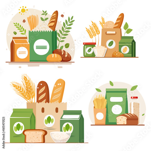 A set of vector illustrations of fresh bakery and grocery products- rice bag, oatmeal pack, pasta box, lentils jar, whole grain bread