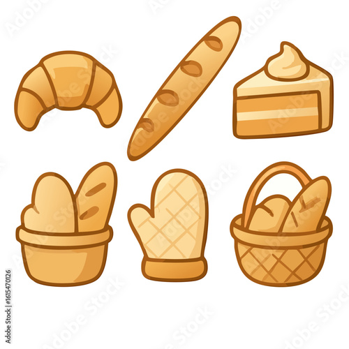A set of doodle icons for a bakery, including bread, croissant, and cake.