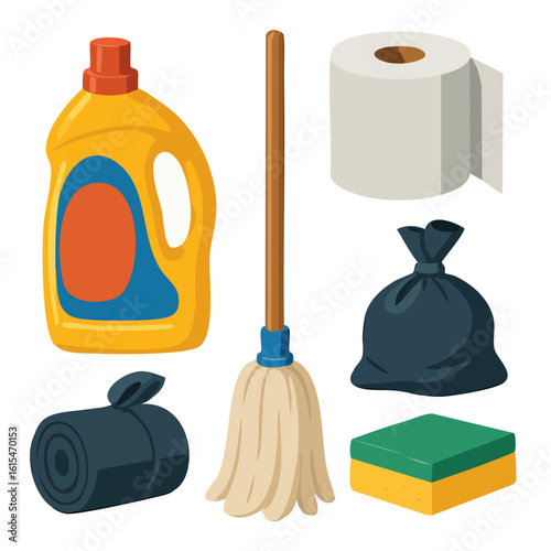 A set of vector icons of essential household items and cleaning supplies- detergent bottle, toilet paper, mop.
