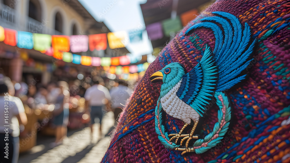 Fototapeta premium Blue-and-white Quetzal bird pin on woven textile, symbolizing Guatemalan culture and freedom.