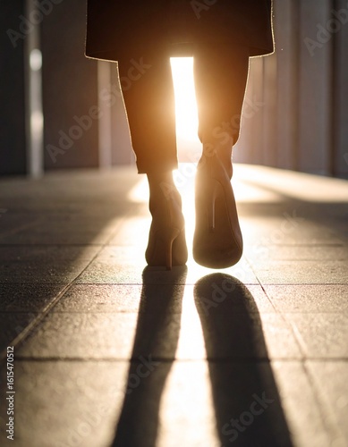 コンクリートの地面に落ちた濃い影から、光の当たる場所へ一歩踏み出す足元のクローズアップ