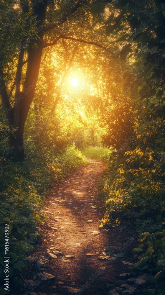 Obraz premium Walking Path Through a Forest with Sunlight Streaming Through Trees