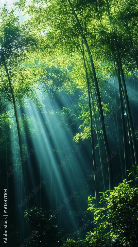 Fototapeta premium Sun Rays Streaming Through Bamboo Forest in Morning Light