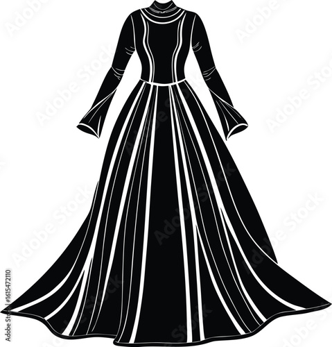Vector art of elegant long sleeve gown with a flowing skirt design for a fashionable and stylish look