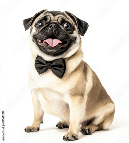 Happy pug dog sitting with its tongue out, wearing black bow tie against white background, exuding charm and playfulness