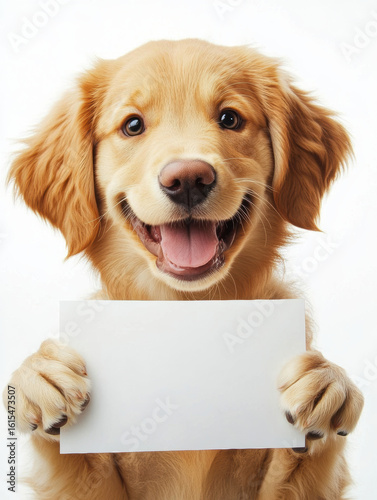 Cheerful golden retriever puppy holds blank sign with joyful expression, set against white background. image captures playful and friendly nature of dog