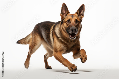 German Shepherd dog joyfully runs in professional studio setting, showcasing its agility and energy. dog fur is mix of black and tan, and its ears are perked up, adding to its alert expression