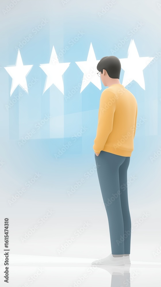 Obraz premium Illustration of a young man in a yellow sweater standing in front of five stars, contemplating ratings and reviews, reflecting on quality and feedback in a modern digital environment