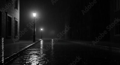Gloomy city street at night during a heavy downpour