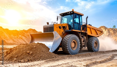Construction vehicle on job site at sunset