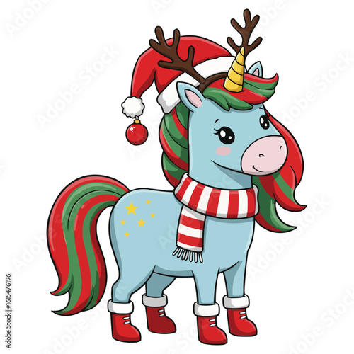 Christmas Unicorn with Reindeer Antlers and Santa Hat