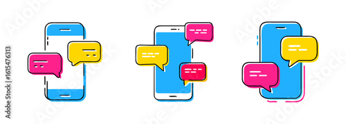 Modern smartphones with speech bubbles on the screen, illustrating online communication and information exchange
