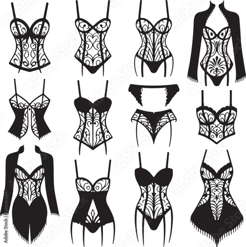Ornate, corset, icon, set, lingerie, silhouette, vector, black, isolated, illustration, design, vintage, burlesque, fashion, victorian