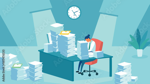 Illustration of a stressed employee at a desk surrounded by stacks of paperwork and a clock on the wall