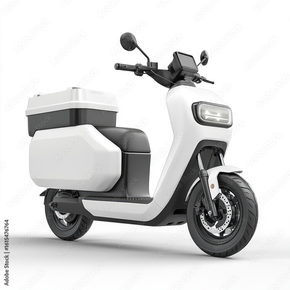 White electric scooter with a cargo box for delivery, shown in a side view against a white background. White electric scooter with a cargo box for delivery, shown in a side view against a white background.