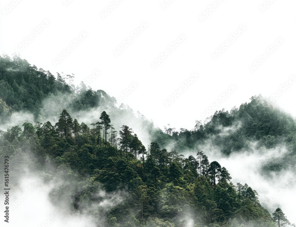 Fototapeta premium Misty mountain peaks, dense forest