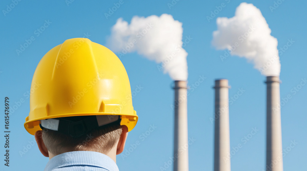 Industrial Worker Observes Smoke Stacks at Power Plant, Urban Environment, Photograph Industrial Worker Observes Smoke Stacks at Power Plant, Urban Environment, Photograph