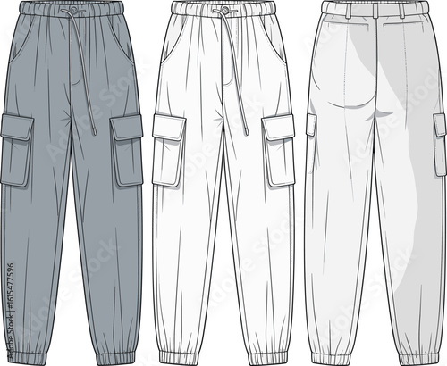Men’s cargo jogger pants flat sketch, fashion CAD vector with flap pockets, drawstring waist, and elastic ankle cuffs design