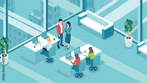 Isometric office scene showing people working at desks and two people in a discussion near a window