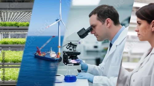 This footage showcases diverse industries, highlighting innovation in laboratory research, manufacturing, vertical farming, and renewable energy such as wind power.