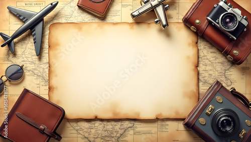 Vintage travel planning concept with old paper for copy space, camera, and airplanes on a world map background.