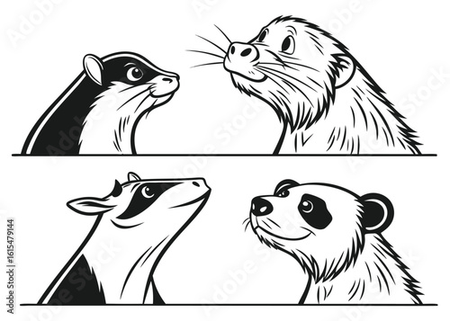 Vector art of a charming collection of cartoon animal portraits featuring an otter, skunk, raccoon, and panda