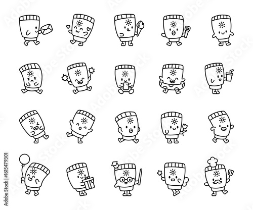 Cute sunscreen kawaii character set with different actions and emotions including dancing, reading, relaxing, cooking, gifting, smiling, walking and having fun for your designs projects
