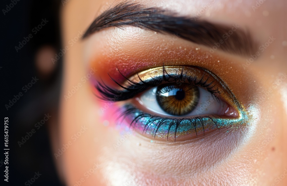 Obraz premium Close-up of a woman's eye with colorful eye makeup and long eyelashes