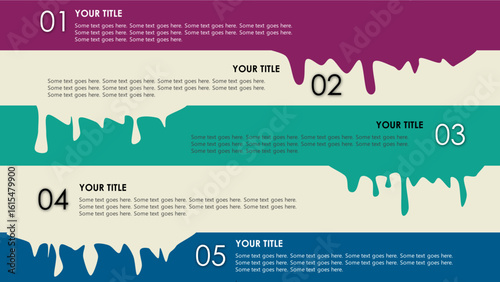 Creative Dripping Paint Infographic with 5 Sections – Abstract Fluid Design for Data Presentation, Timeline, Marketing Strategy, or Step-by-Step Process – Editable Layout with Bold Colors