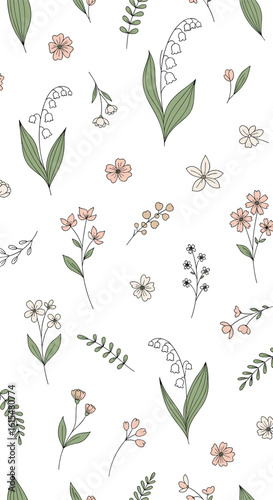 A gentle botanical illustration featuring delicate blossoms and verdant fern leaves in a repeating pattern