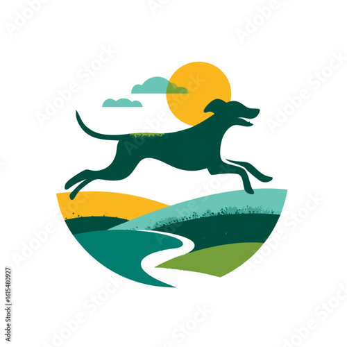 Dog walking brand logo with leaping dog icon and fun text Wag scape joyful clean design on white background 