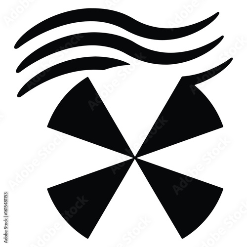 Abstract black and white design featuring swirling lines and geometric fan shapes
