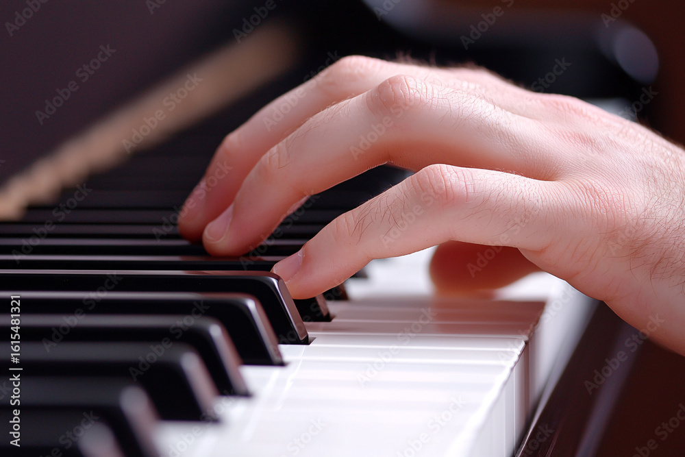 Obraz premium Piano Performance, Hand, Home Studio, Photograph, Indoor Setting, Close-Up View, Music Art