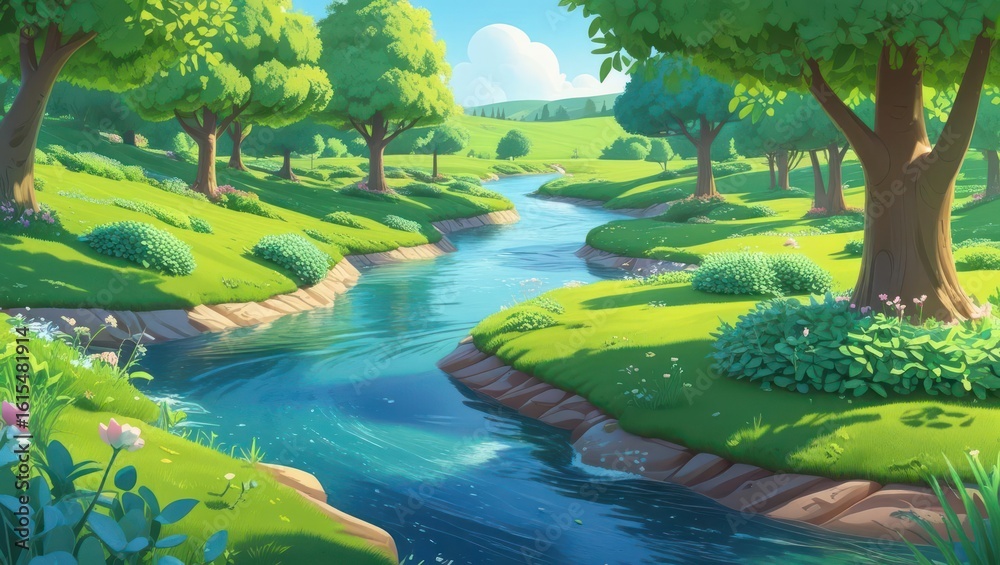 Lush river flowing through a vibrant landscape. Lush river flowing through a vibrant landscape.