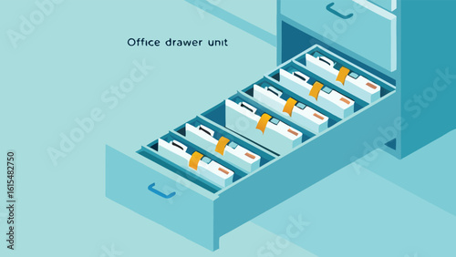 Isometric view of a light blue office drawer unit with open drawers filled with files and folders