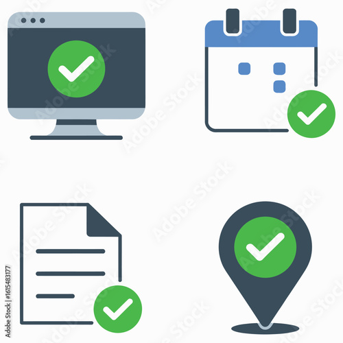 A versatile set of business confirmation icons showing approval and success. Features verified computer, scheduled calendar, approved document, and confirmed location symbols.