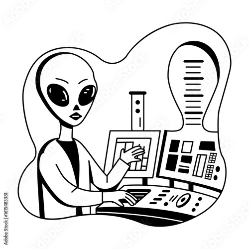 Glyph style illustration of an alien scientist character 