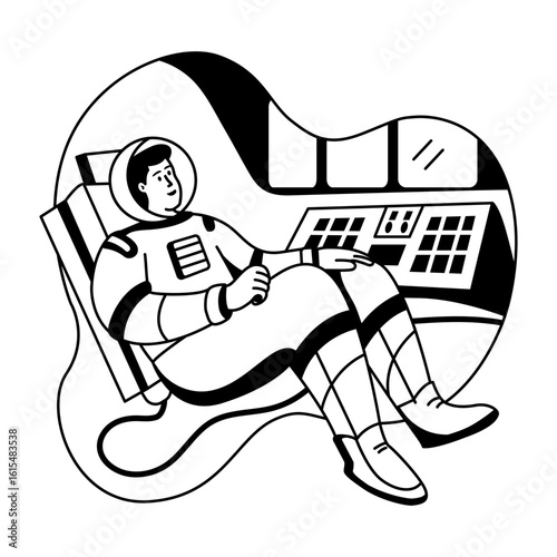 Astronaut recharging spacesuit, glyph style illustration 